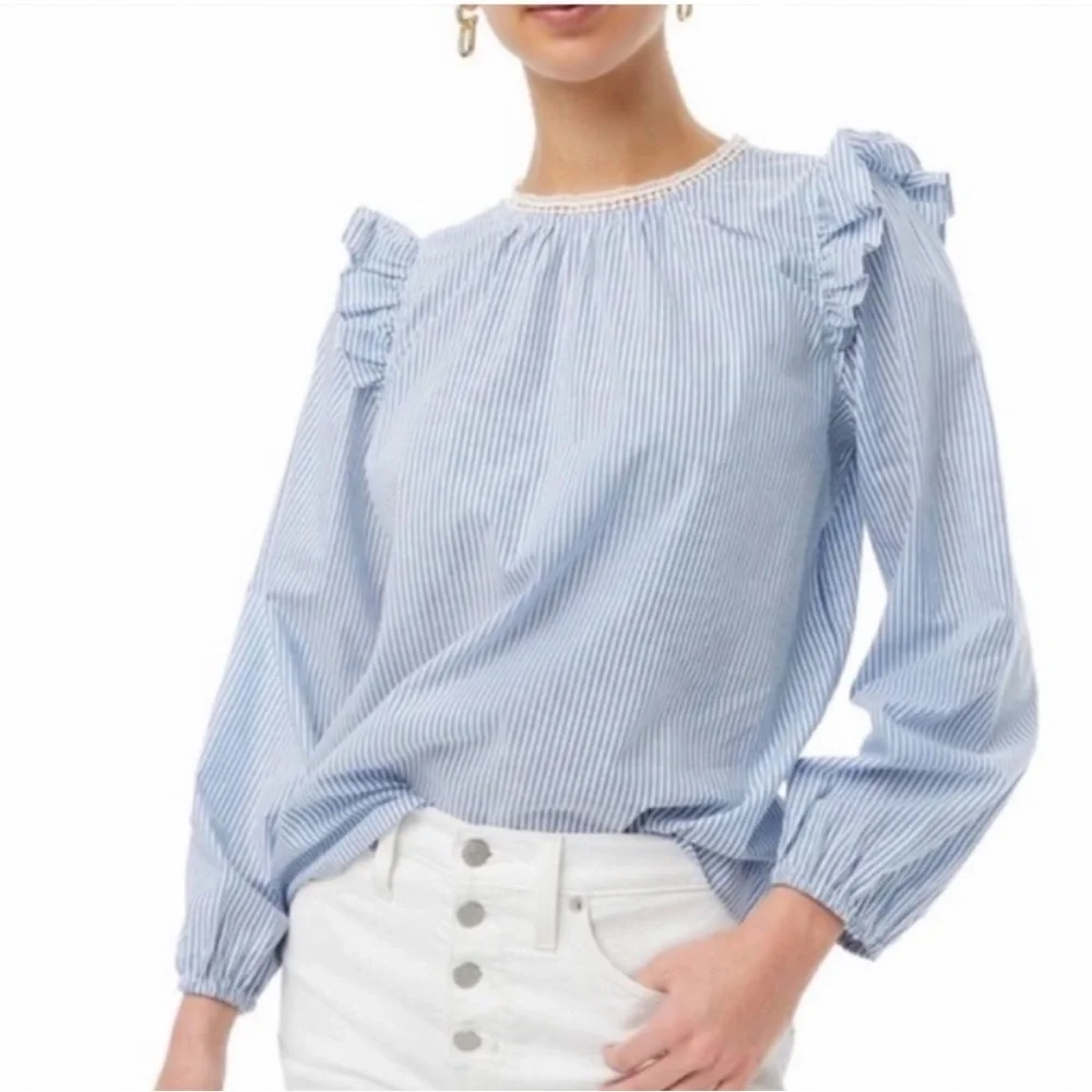 J. Crew Women's Blue and White Long Sleeve Cotton Top - Large